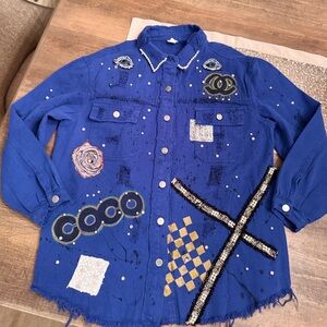 Royal Blue Denim Shacket with hand painted design and embellishments